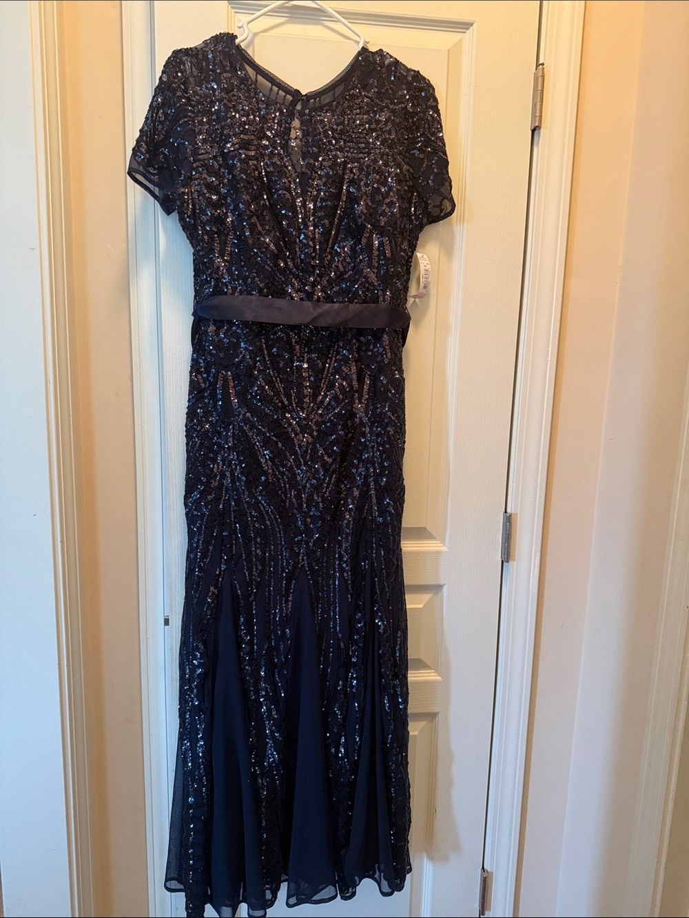 R&M Richards Navy Sequin Maxi Dress with Waist Sash